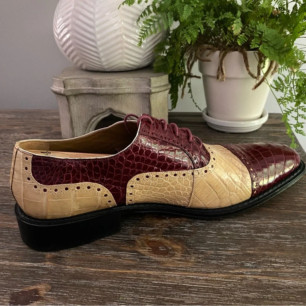 Ferrini Mens Alligator Skin Ostrich Quill Leather Oxfords Shoe Burgundy Wine Tan